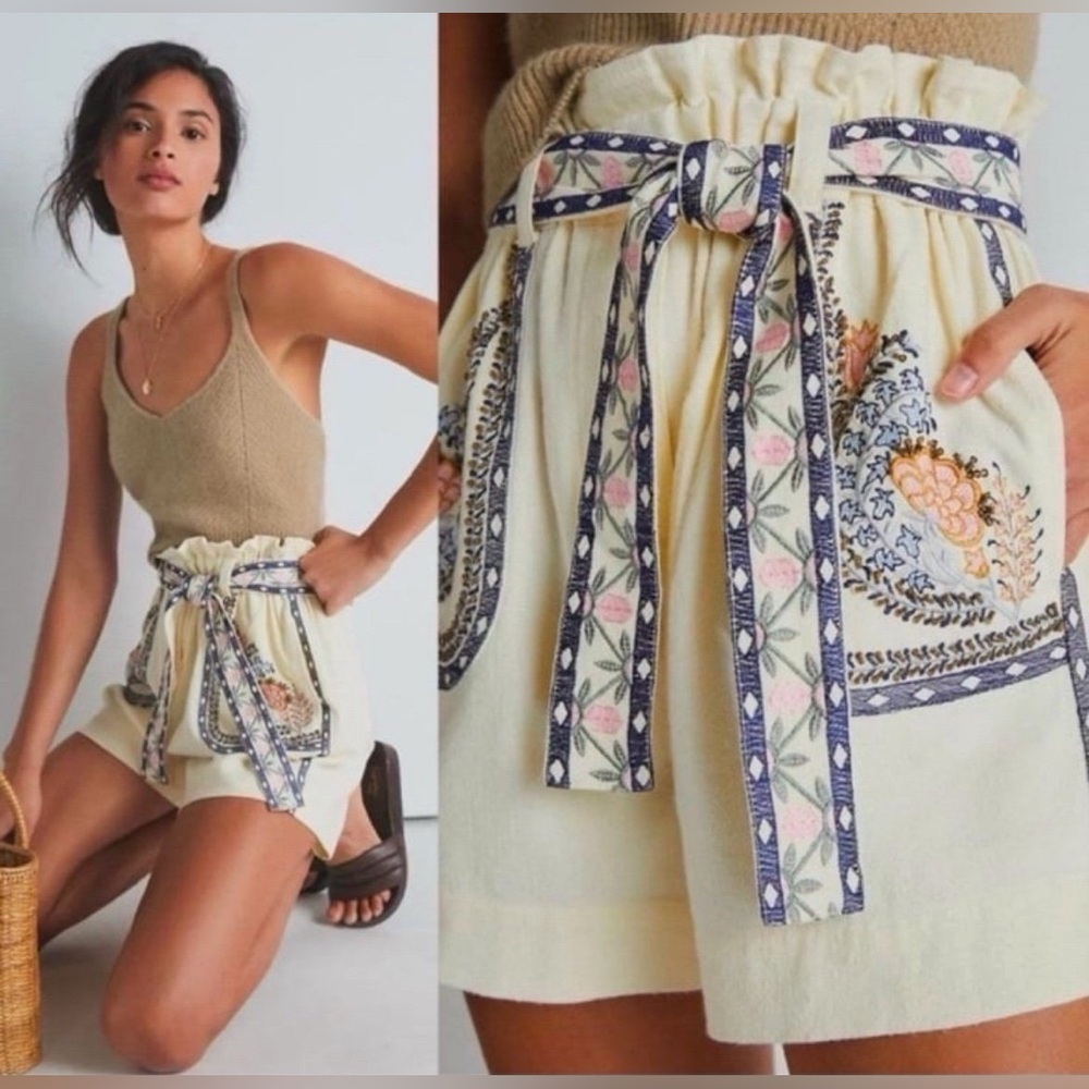 Anthropologie Annaleigh Cream Ivory Embroidered Boho Shorts - Large